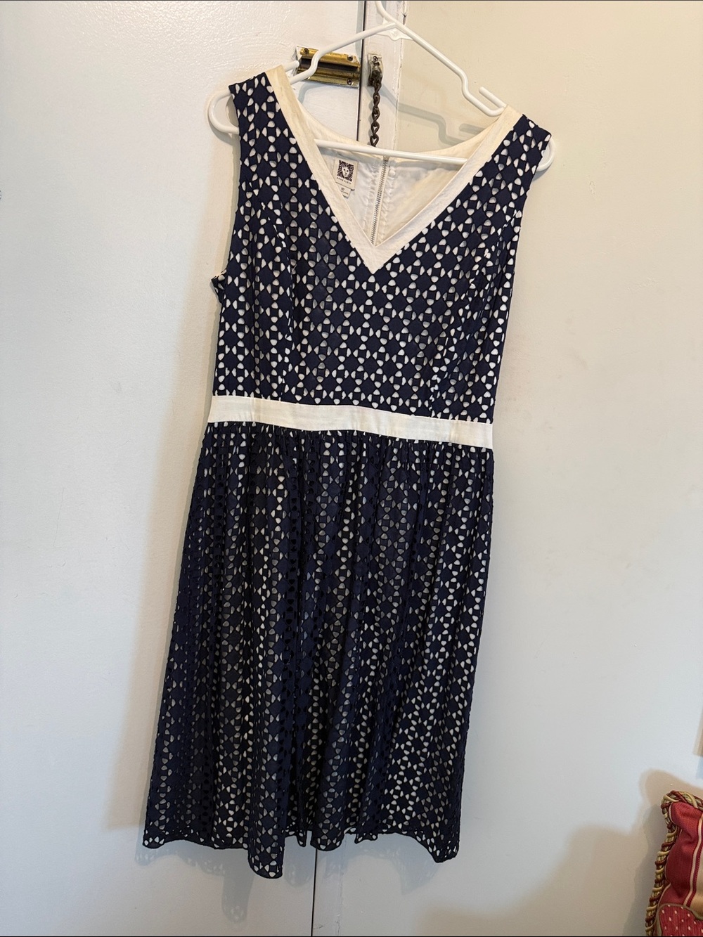 Anne Klein Navy and White V‑Neck Midi Dress